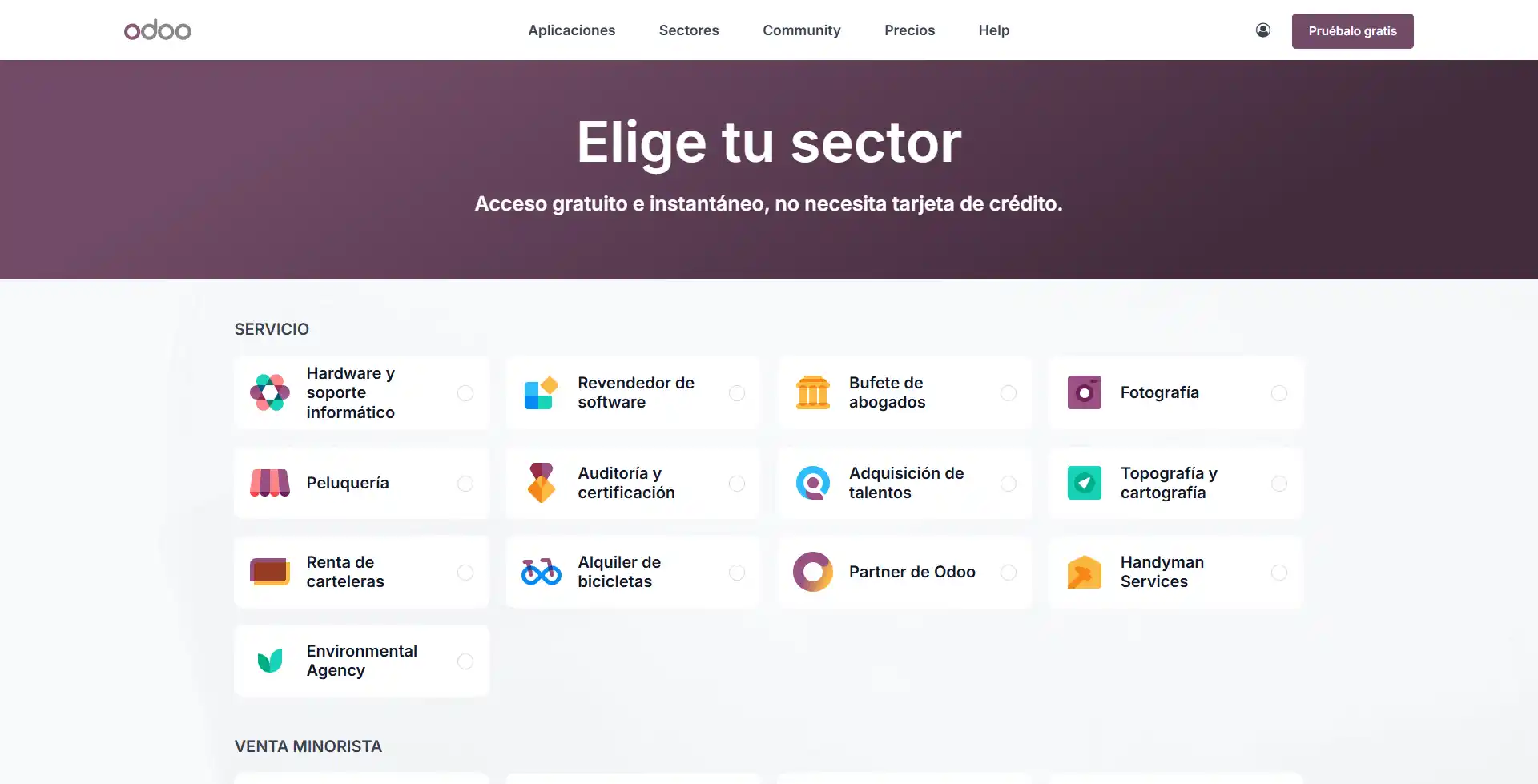 guía completa para la implementación de odoo erp en tu empresa Elegir sector para empezar una base de datos en odoo
