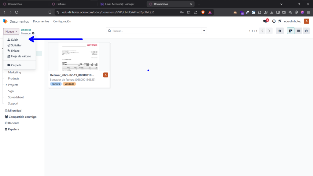 digitalización de documentos en odoo 18: cómo convertir archivos en facturas y más Cargar archivo al modulo documentos de odoo