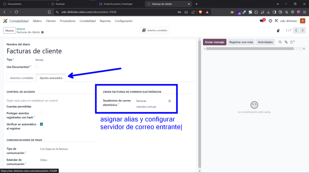 digitalización de documentos en odoo 18: cómo convertir archivos en facturas y más Configuración alias de correo para la recepción de adjuntos para digitalizar